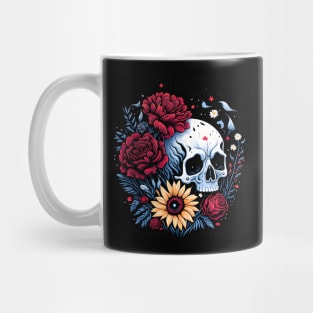 Spooky skull with red roses and sunflower floral Mug